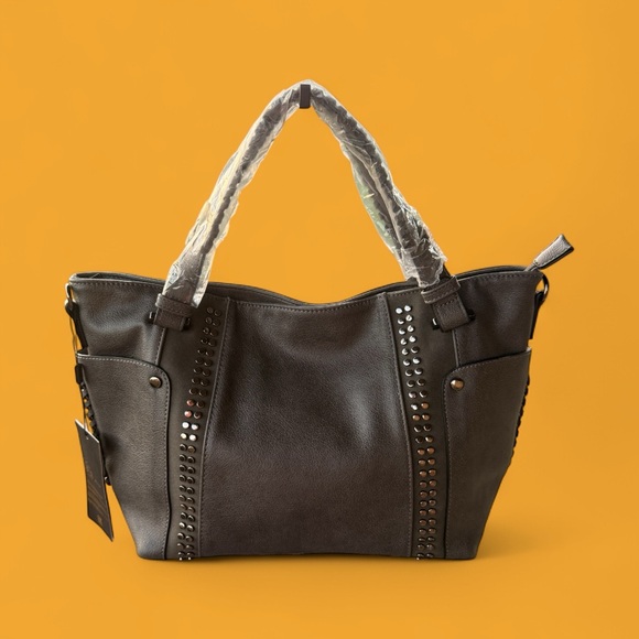 New Realer Large Capacity Studded Gray Shoulder Bag/Tote Gunmetal Hardware - Picture 1 of 15